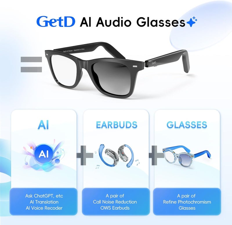 GetD 2026 AI Glasses for Men & Women, Smart Glasses Powered by ChatGPT, AI Real-time Translation with 145 Languages, 11H Music Play, Bluetooth Glasses with Photochromic Lens for Daily Use, Travel - Image 2